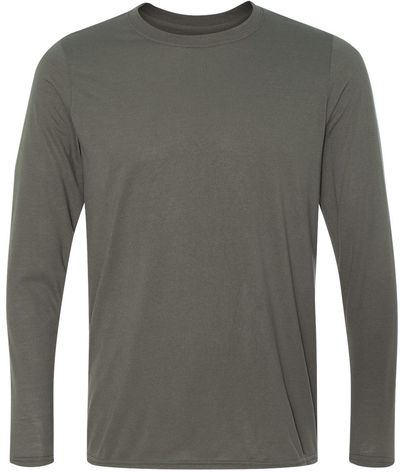 Am image of a Custom Gildan Performance Long Sleeve T Shirt in Charcoal!