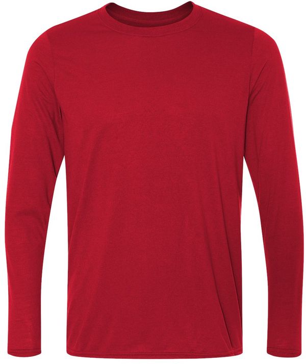 Am image of a Custom Gildan Performance Long Sleeve T Shirt in Red!