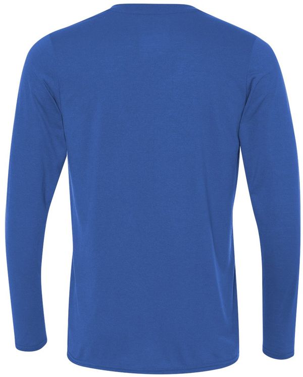 Am image of a Custom Gildan Performance Long Sleeve T Shirt in Royal!