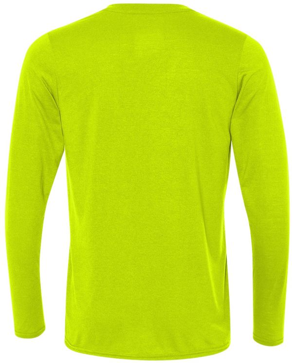 Am image of a Custom Gildan Performance Long Sleeve T Shirt in Safety Green!