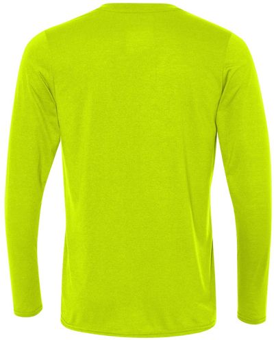 Am image of a Custom Gildan Performance Long Sleeve T Shirt in Safety Green!