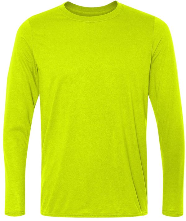 Am image of a Custom Gildan Performance Long Sleeve T Shirt in Safety Green!