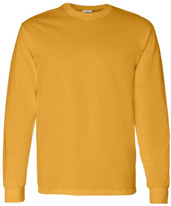 Am image of a Custom Gildan Heavy Cotton Long Sleeve T Shirt in Gold!