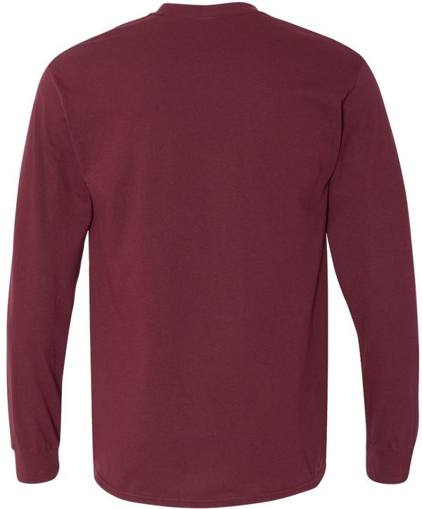 Am image of a Custom Gildan Heavy Cotton Long Sleeve T Shirt in Maroon!