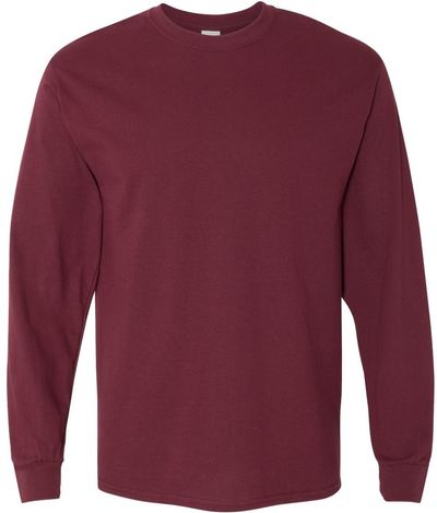 Am image of a Custom Gildan Heavy Cotton Long Sleeve T Shirt in Maroon!