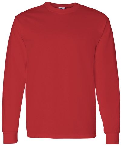Am image of a Custom Gildan Heavy Cotton Long Sleeve T Shirt in Red!