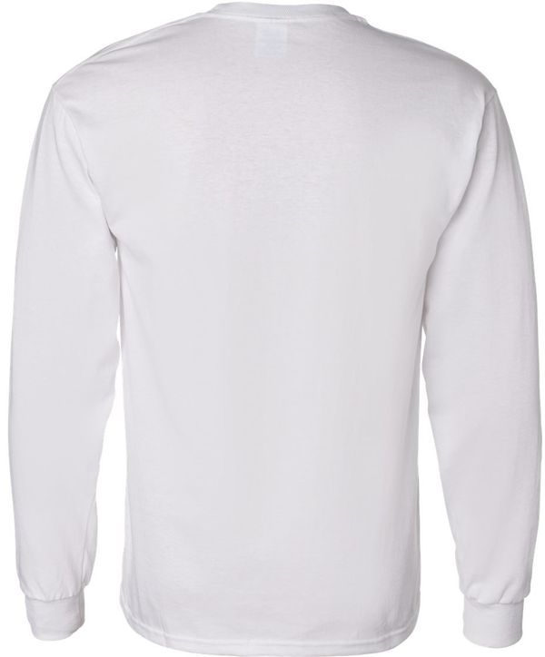 Am image of a Custom Gildan Heavy Cotton Long Sleeve T Shirt in White!