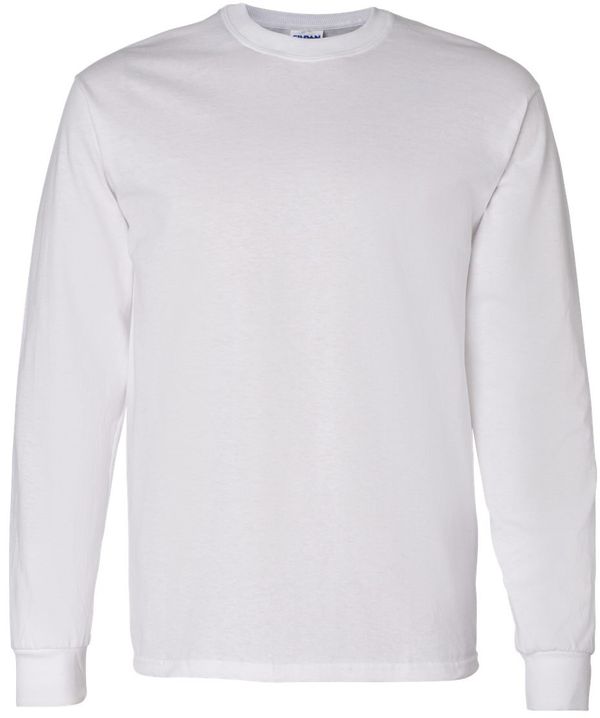 Am image of a Custom Gildan Heavy Cotton Long Sleeve T Shirt in White!