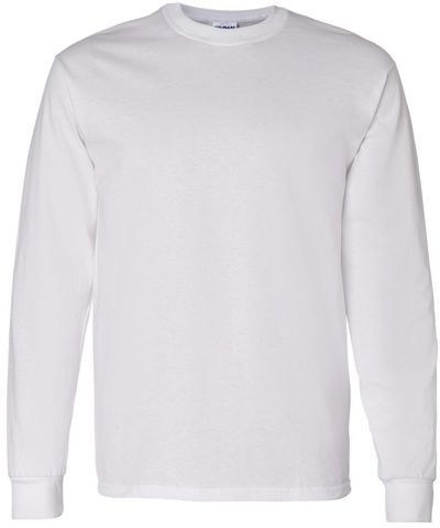 Am image of a Custom Gildan Heavy Cotton Long Sleeve T Shirt in White!