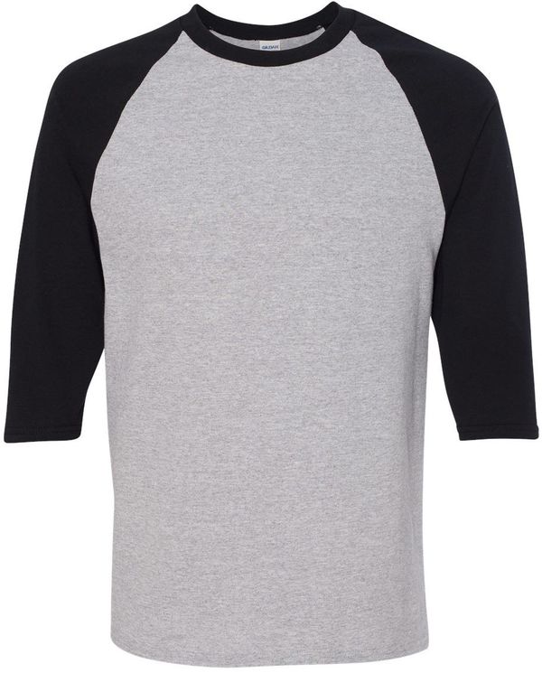 Am image of a Custom Gildan Heavy Cotton Raglan Three Quarter Sleeve TShirt in Sport Grey/Black!