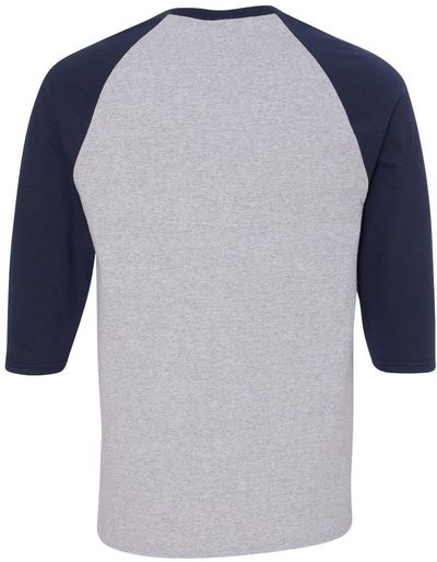 Am image of a Custom Gildan Heavy Cotton Raglan Three Quarter Sleeve TShirt in Sport Grey/Navy!