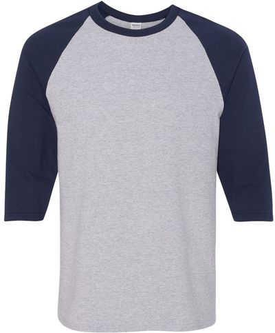 Am image of a Custom Gildan Heavy Cotton Raglan Three Quarter Sleeve TShirt in Sport Grey/Navy!