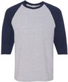 Am image of a Custom Gildan Heavy Cotton Raglan Three Quarter Sleeve TShirt in Sport Grey/Navy!