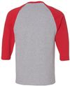 Am image of a Custom Gildan Heavy Cotton Raglan Three Quarter Sleeve TShirt in Sport Grey/Red!