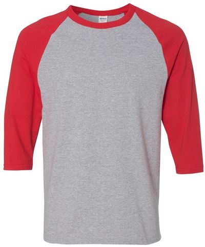 Am image of a Custom Gildan Heavy Cotton Raglan Three Quarter Sleeve TShirt in Sport Grey/Red!