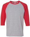 Am image of a Custom Gildan Heavy Cotton Raglan Three Quarter Sleeve TShirt in Sport Grey/Red!