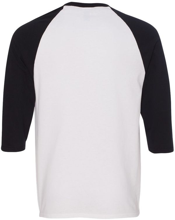 Am image of a Custom Gildan Heavy Cotton Raglan Three Quarter Sleeve TShirt in White/Black!