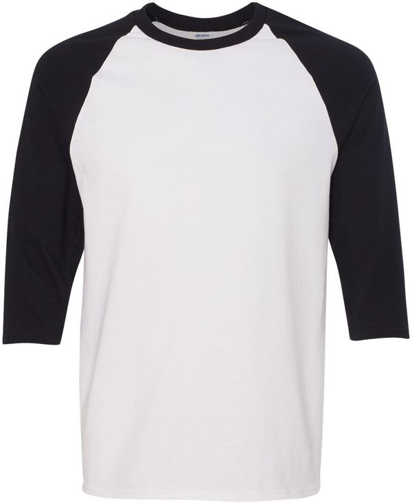 Am image of a Custom Gildan Heavy Cotton Raglan Three Quarter Sleeve TShirt in White/Black!