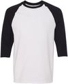 Am image of a Custom Gildan Heavy Cotton Raglan Three Quarter Sleeve TShirt in White/Black!