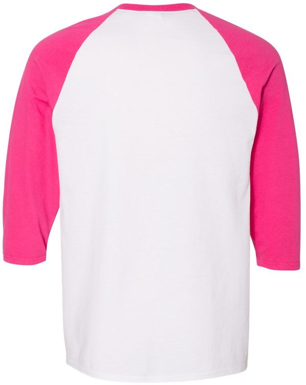 Am image of a Custom Gildan Heavy Cotton Raglan Three Quarter Sleeve TShirt in White/Heliconia!
