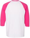 Am image of a Custom Gildan Heavy Cotton Raglan Three Quarter Sleeve TShirt in White/Heliconia!