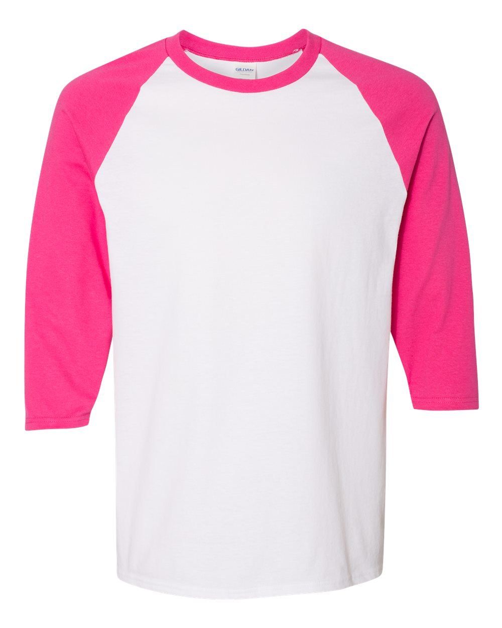 Gildan Heavy Cotton Raglan Three Quarter Sleeve TShirt in White/Heliconia