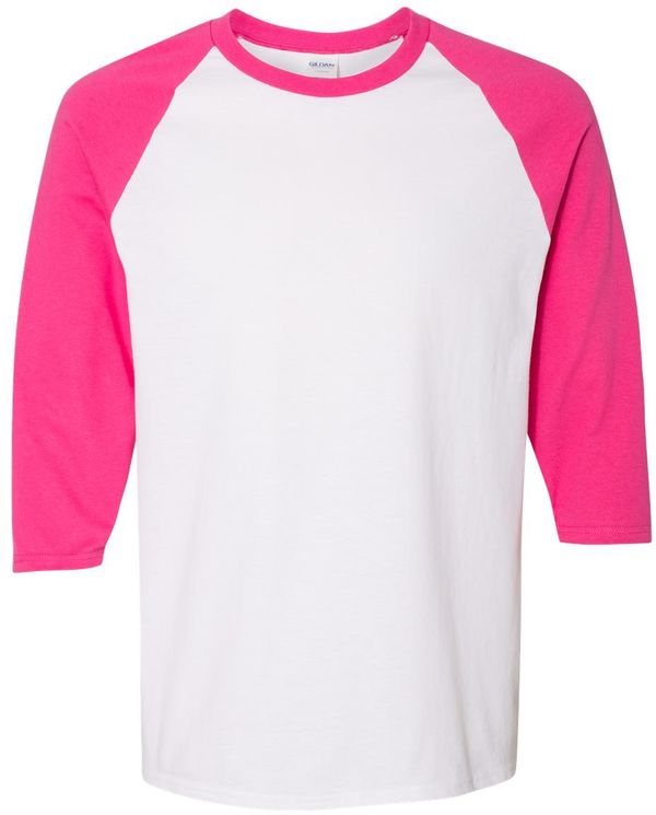 Am image of a Custom Gildan Heavy Cotton Raglan Three Quarter Sleeve TShirt in White/Heliconia!
