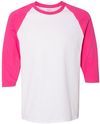 Am image of a Custom Gildan Heavy Cotton Raglan Three Quarter Sleeve TShirt in White/Heliconia!
