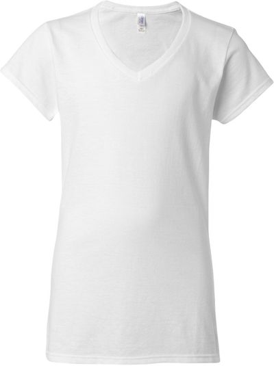 Am image of a Custom Gildan Softstyle Ladies V Neck T Shirt in White!