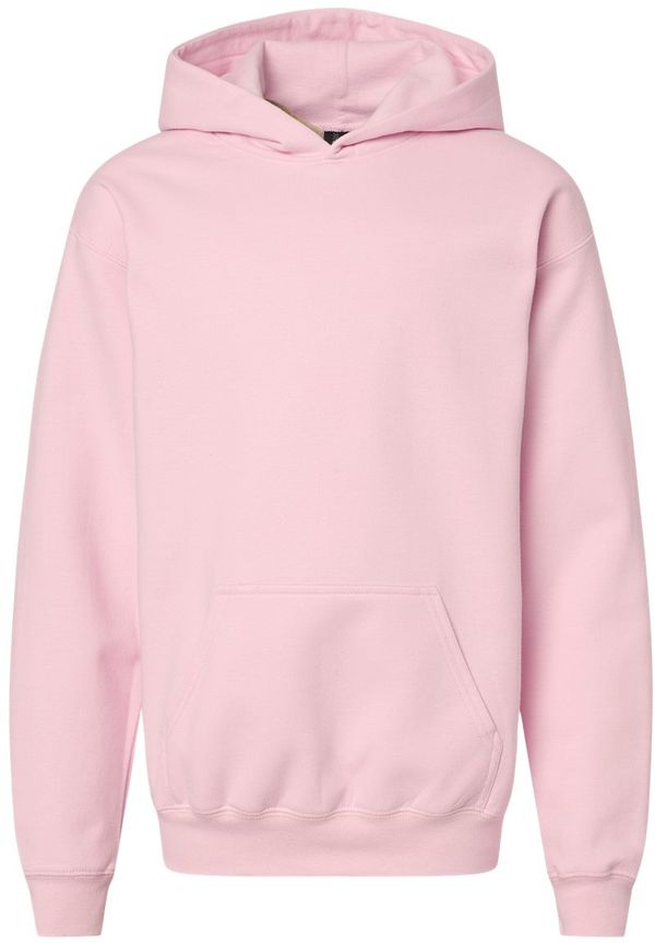 Am image of a Custom Gildan Softstyle Youth Midweight Hooded Sweatshirt in Light Pink!
