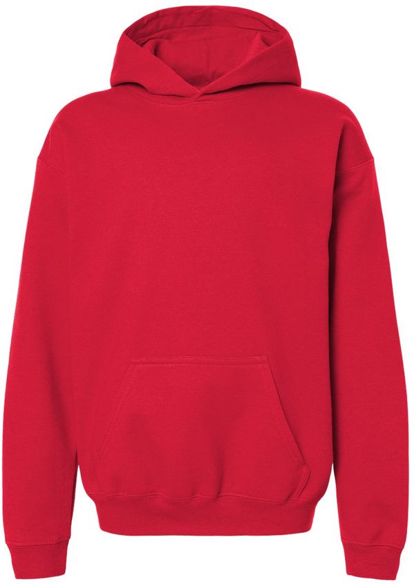 Am image of a Custom Gildan Softstyle Youth Midweight Hooded Sweatshirt in Red!