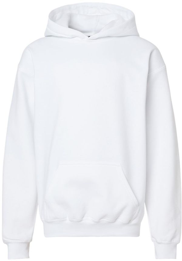 Am image of a Custom Gildan Softstyle Youth Midweight Hooded Sweatshirt in White!