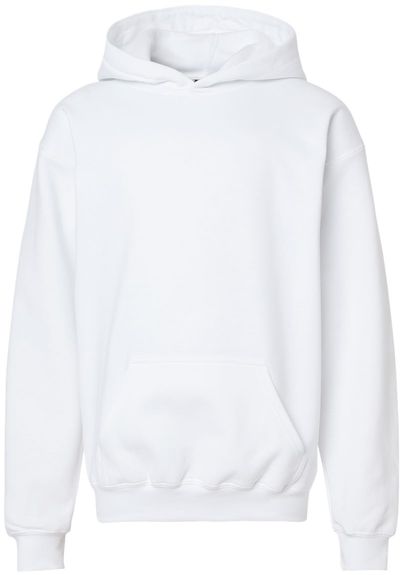 Am image of a Custom Gildan Softstyle Youth Midweight Hooded Sweatshirt in White!