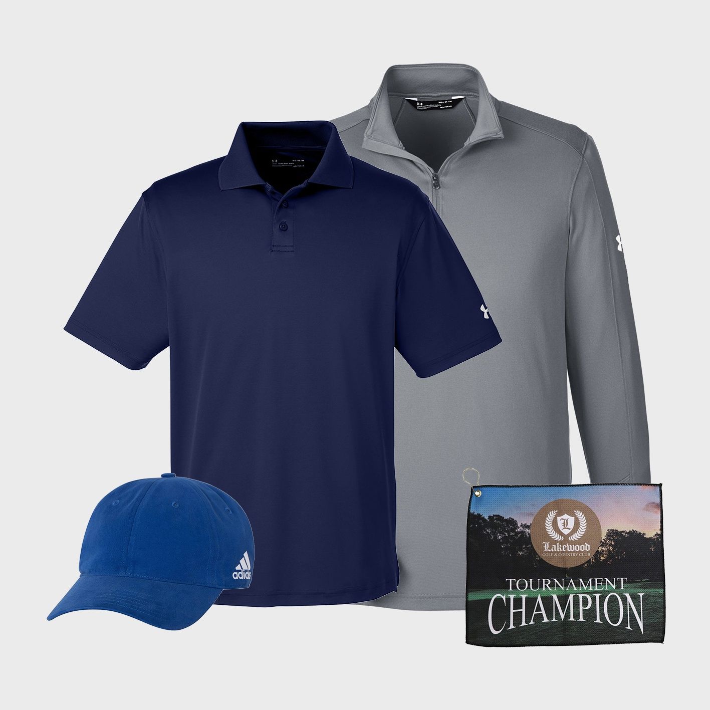 An image of custom golf apparel and products