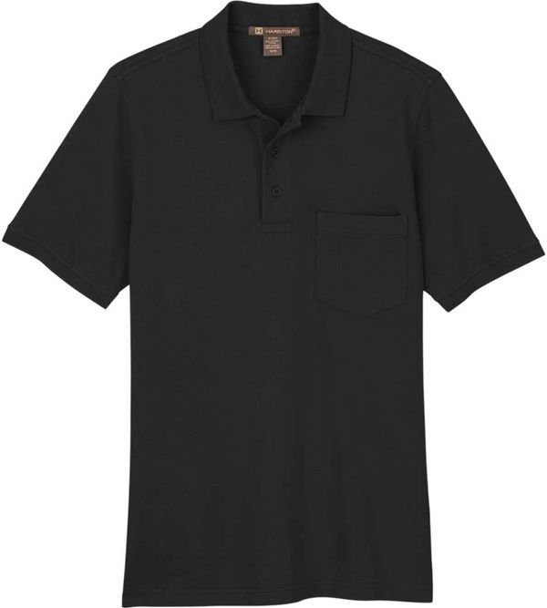 Am image of a Custom Harriton Mens Valiant Cotton Snag Protect Pocket Polo in Black!