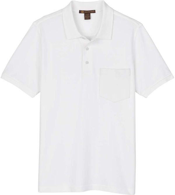 Am image of a Custom Harriton Mens Valiant Cotton Snag Protect Pocket Polo in White!
