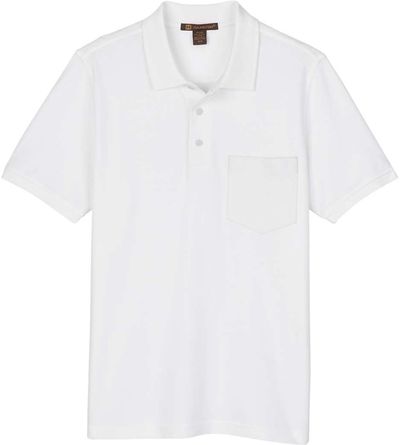 Am image of a Custom Harriton Mens Valiant Cotton Snag Protect Pocket Polo in White!
