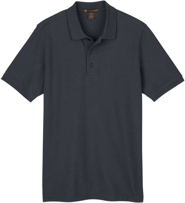 Am image of a Custom Harriton Mens Valiant Cotton Snag Protect Polo in Dark Charcoal!