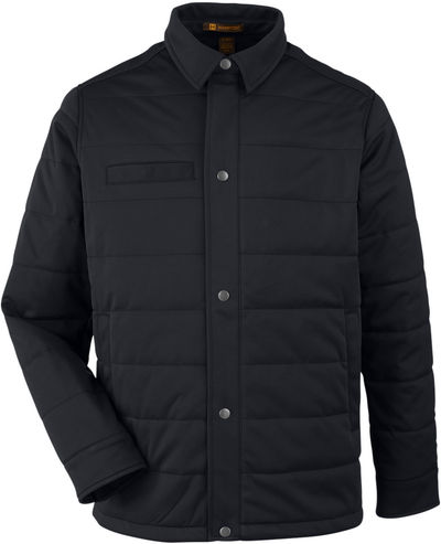 Am image of a Custom Harriton Unisex Guardian Soft Shell Chore Coat in Black!