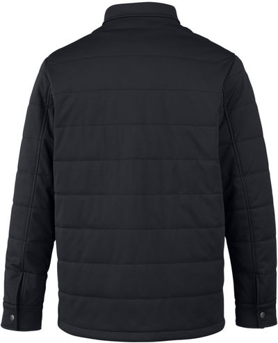 Am image of a Custom Harriton Unisex Guardian Soft Shell Chore Coat in Black!