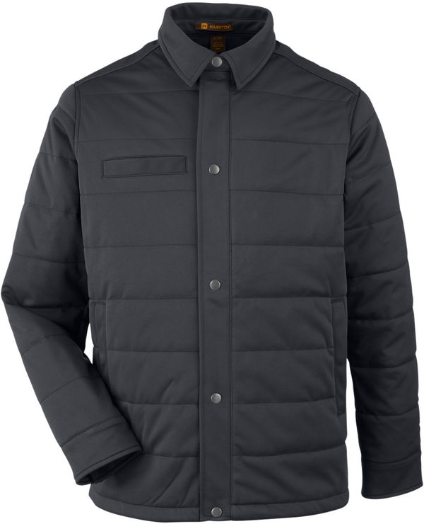 Am image of a Custom Harriton Unisex Guardian Soft Shell Chore Coat in Dark Charcoal!