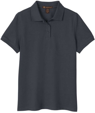 Am image of a Custom Harriton Womens Valiant Cotton Snag Protect Polo in Dark Charcoal!