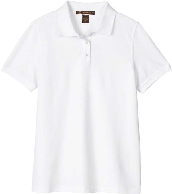 Am image of a Custom Harriton Womens Valiant Cotton Snag Protect Polo in White!
