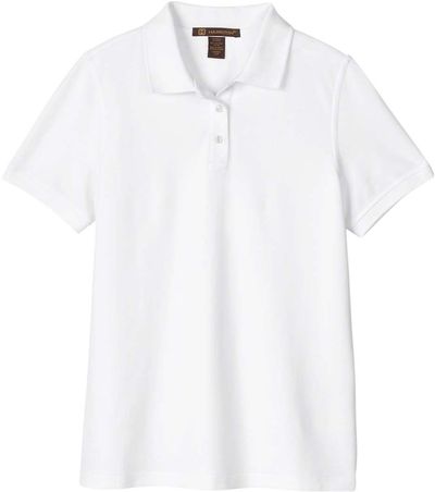 Am image of a Custom Harriton Womens Valiant Cotton Snag Protect Polo in White!