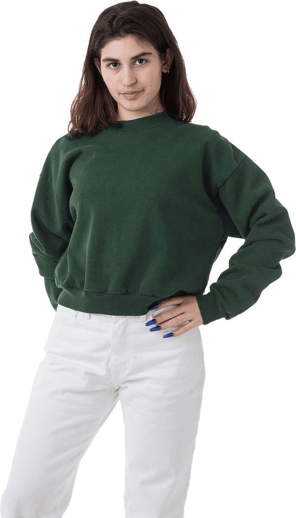 Am image of a Custom LA Apparel HF Cropped Mock Neck Pullover in IVY!