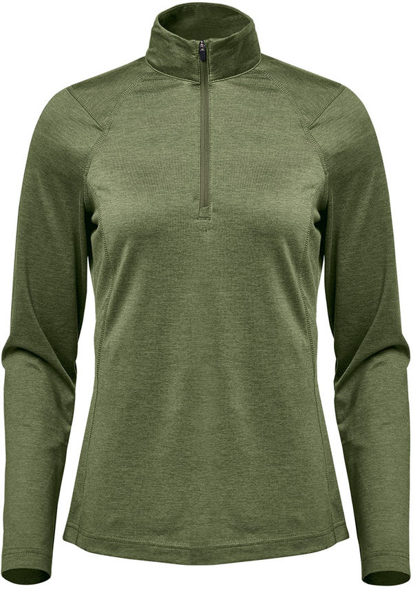Am image of a Custom Stormtech Women's Milano Quarter Zip Pullover in Sage Green Heather!