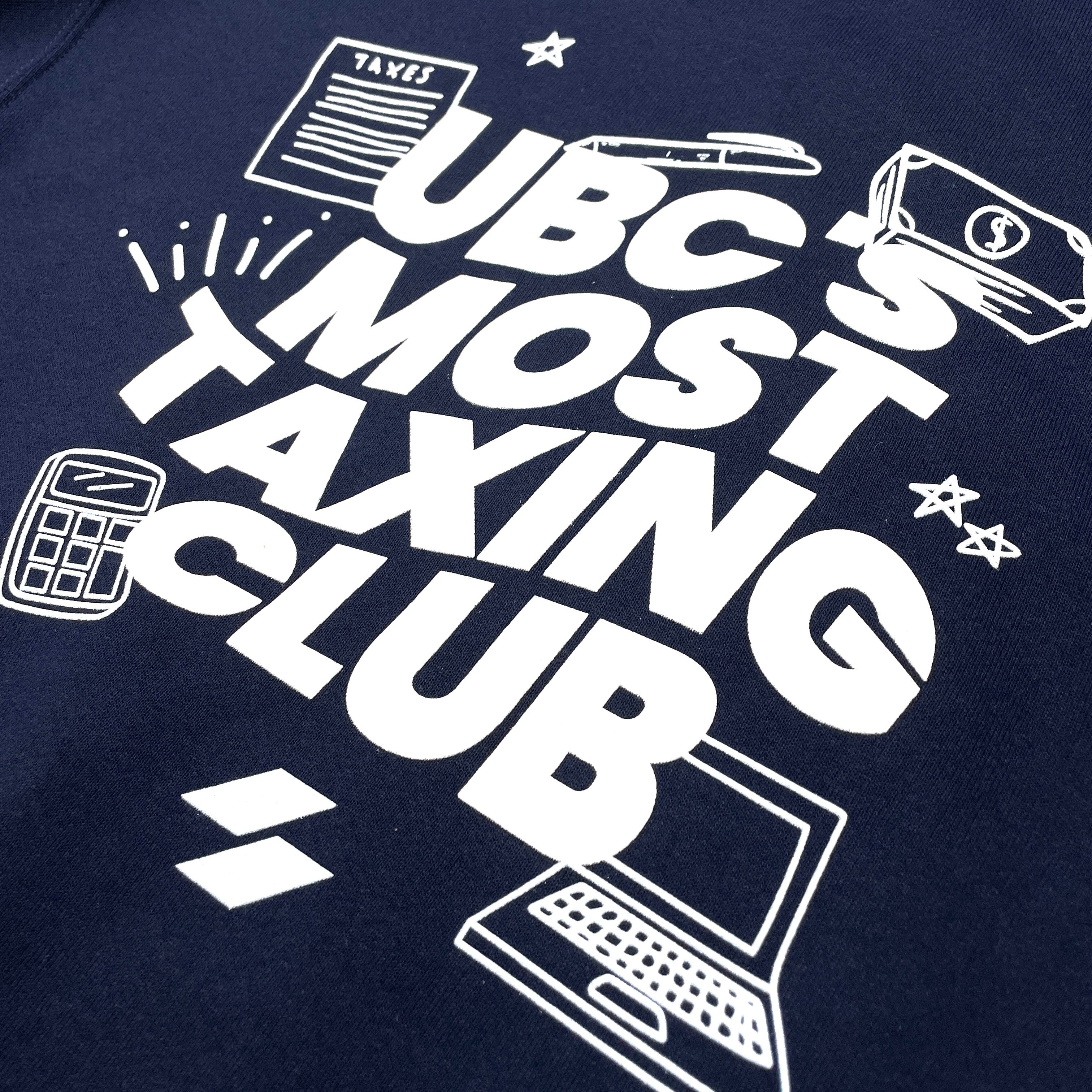 An image of a custom screen printed crewneck sweatshirt we screen printed for UBC tax club.