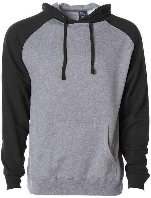 Am image of a Custom Independent Trading Co Raglan Hooded Pullover Sweatshirt in Gunmetal Heather/Black!