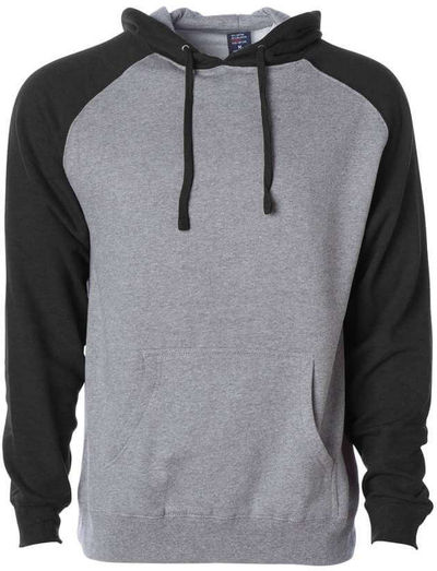 Am image of a Custom Independent Trading Co Raglan Hooded Pullover Sweatshirt in Gunmetal Heather/Black!