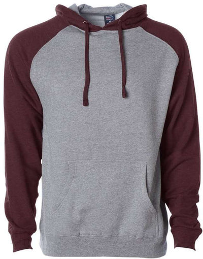 Am image of a Custom Independent Trading Co Raglan Hooded Pullover Sweatshirt in Gunmetal Heather/Burgundy Heather!